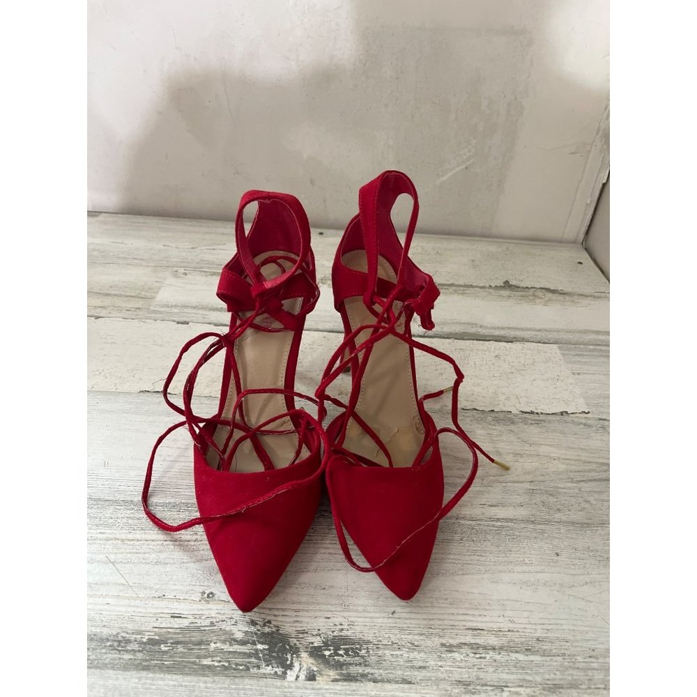 Just Fab red suede look closed toe lace up heels size 8